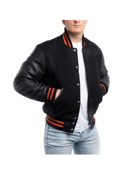 Black Wool Body &amp; Black Leather Sleeves with Orange Stripes Letterman Jacket