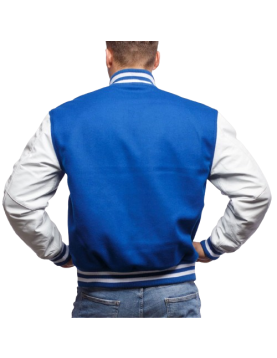 Blue Wool &amp; White Genuine Leather Varsity Letterman Jacket