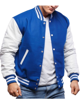 Blue Wool &amp; White Genuine Leather Varsity Letterman Jacket