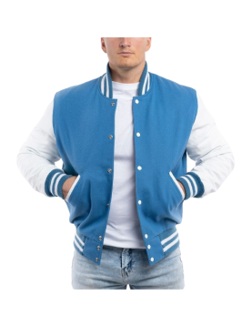 Bright White Leather Sleeves &amp; Newark Blue Wool Body Letterman Jacket