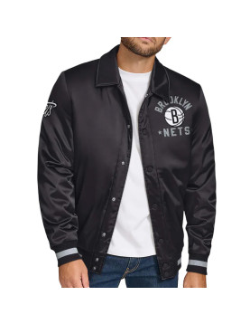 Brooklyn Nets Stitch Applique Black Satin Jacket