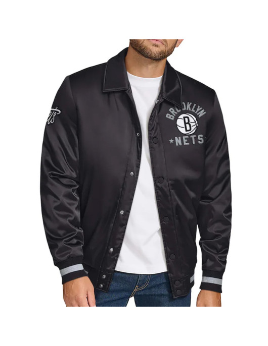 Brooklyn Nets Stitch Applique Black Satin Jacket