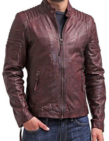 Mens Waxed Leather Cafe Racer Biker Jacket Copper Burgundy