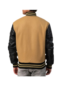 Camel Wool Body &amp; Black Leather Sleeves Letterman Coat