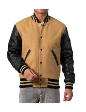 Camel Wool Body &amp; Black Leather Sleeves Letterman Jacket