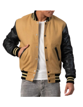 Camel Wool Body &amp; Black Leather Sleeves Letterman Jacket
