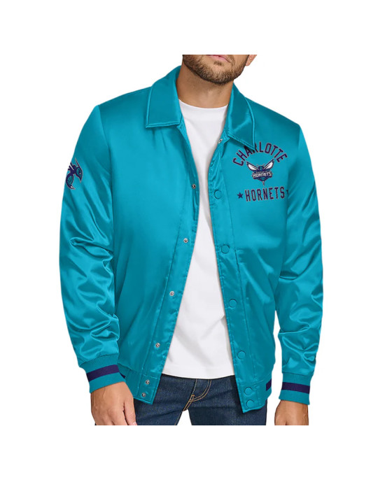 Charlotte Hornets Stitch Applique Teal Satin Jacket