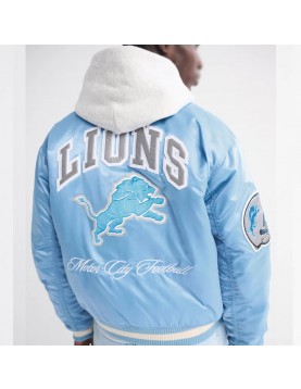 Detroit Lions Light Blue Varsity Bomber Satin Jacket