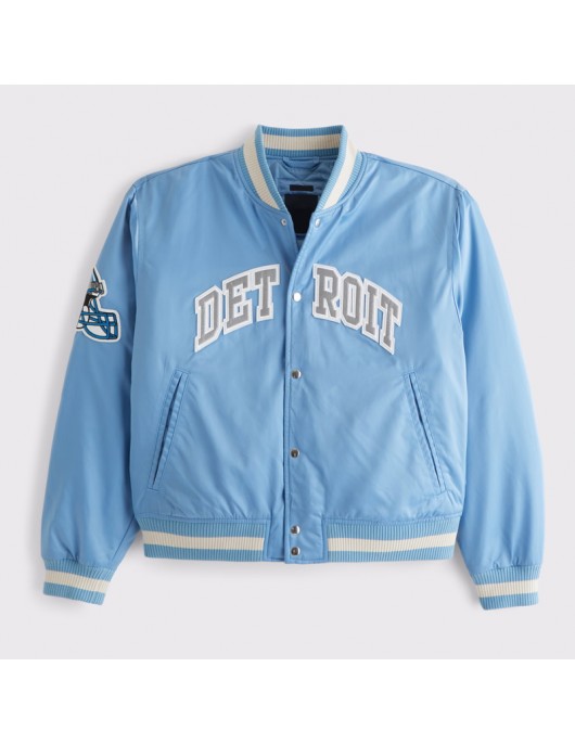 Detroit Lions Light Blue Varsity Bomber Satin Jacket