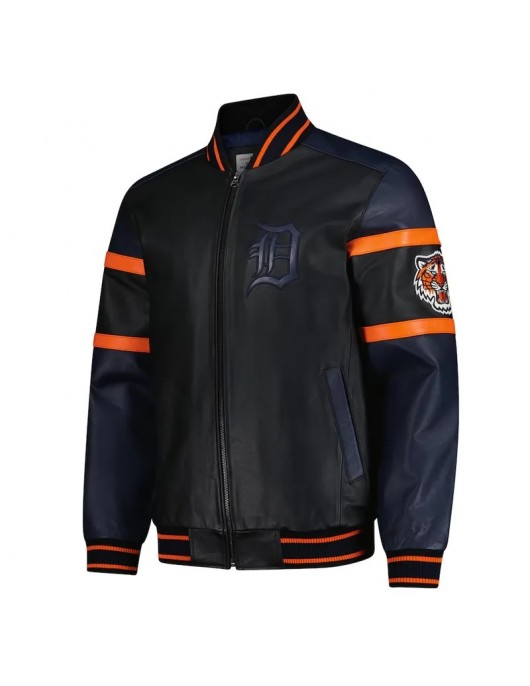 Detroit Tigers Striped  Varsity Black and Navy Full-Zip Leather Jacket