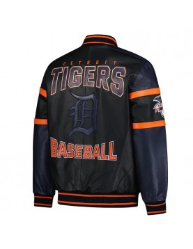 Detroit Tigers Striped  Varsity Black and Navy Full-Zip Leather Jacket