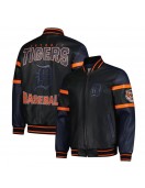 Detroit Tigers Striped  Varsity Black and Navy Full-Zip Leather Jacket