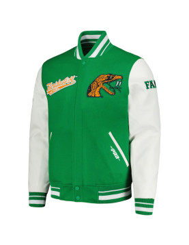 Florida A&amp;M Rattlers Script Green and White Varsity Jacket