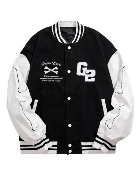 G2 Black Skeleton Print Varsity Jacket