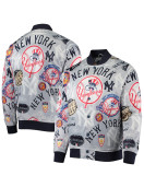 Gray New York Yankees Allover Print Satin Full-Snap Varsity Jacket