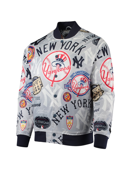 Gray New York Yankees Allover Print Satin Full-Snap Varsity Jacket