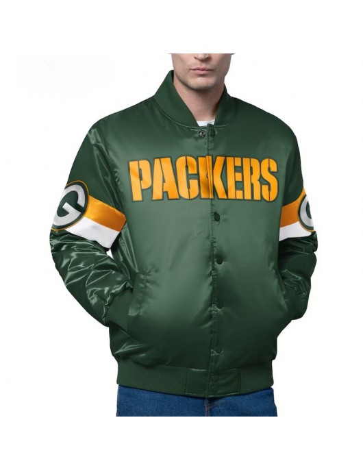 Green Bay Packers Triple Option Varsity Satin Jacket Green Bay Packers Triple Option Varsity Satin Jacket