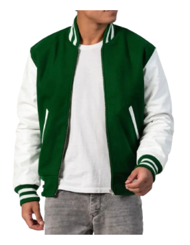 Kelly Green Wool Body &amp; White Leather Sleeves Letterman Jacket With Zipper