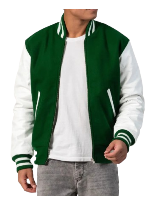 Kelly Green Wool Body & White Leather Sleeves Letterman Jacket With Zipper