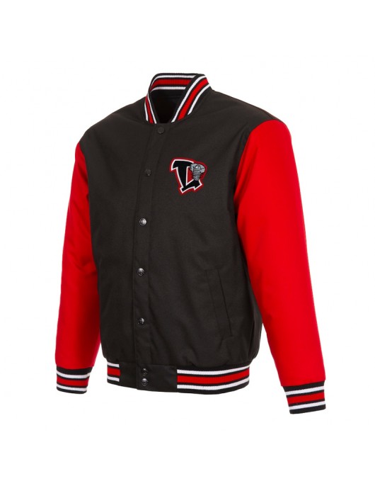 Lansing Lugnuts Black & Red Poly-Twill Full-Snap Varsity Jacket