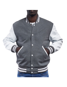 Light Oxford Wool Body &amp; Bright White Leather Sleeves Letterman Jacket