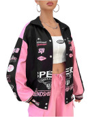 MakeMeChic Women's Color Block Letter Print Jacket - Oversized Button-Down Streetwear Coat