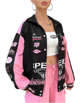 MakeMeChic Women's Color Block Letter Print Jacket - Oversized Button-Down Streetwear Coat