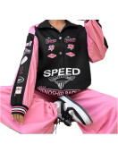 MakeMeChic Women's Color Block Letter Print Jacket - Oversized Button-Down Streetwear Coat