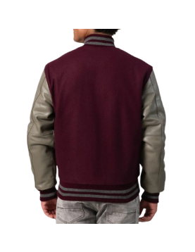Maroon Body &amp; Grey Leather Sleeves Letterman Jacket