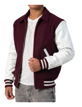 Maroon Body &amp; White Sleeves Letterman Jacket With Byron Collar &amp; Zipper