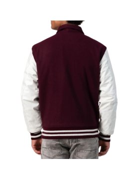 Maroon Body &amp; White Sleeves Letterman Jacket With Byron Collar &amp; Zipper