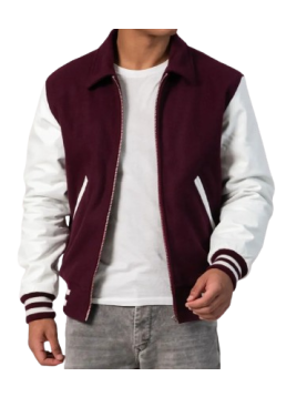Maroon Body &amp; White Sleeves Letterman Jacket With Byron Collar &amp; Zipper