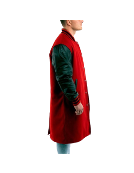 Scarlet Wool Body &amp; Black Leather Sleeves Letterman Coat