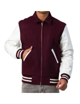 Maroon Wool Body &amp; White Leather Sleeves Letterman Jacket With Zipper