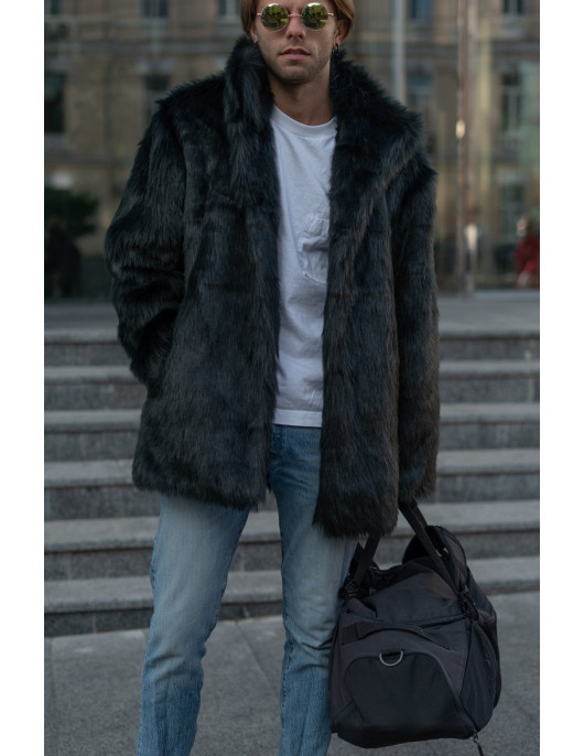 Black collared Fake faux fur jacket - Winter furry coat with collar