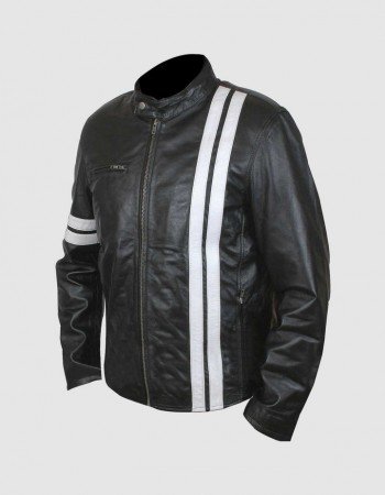 Men's Black Leather Jacket with White Stripes