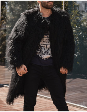 Men's Black Shaggy Llama Faux Fur Coat