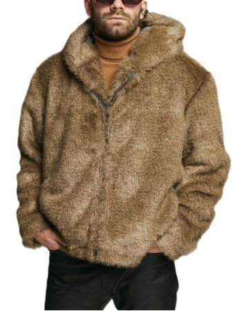 Men's Gray Wolf Faux Fur Bomber with Oversized Hood - Short Furry Hooded Jacket