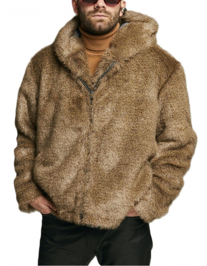 Men's Gray Wolf Faux Fur Bomber with Oversized Hood - Short Furry Hooded Jacket Men's Gray Wolf Faux Fur Bomber with Oversized Hood - Short Furry Hooded Jacket