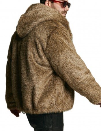 Men's Gray Wolf Faux Fur Bomber with Oversized Hood - Short Furry Hooded Jacket Men's Gray Wolf Faux Fur Bomber with Oversized Hood - Short Furry Hooded Jacket