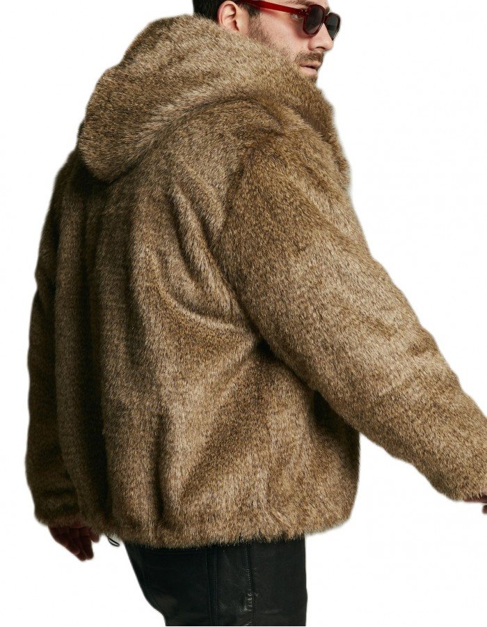 Men's Gray Wolf Faux Fur Bomber with Oversized Hood - Short Furry Hooded Jacket Men's Gray Wolf Faux Fur Bomber with Oversized Hood - Short Furry Hooded Jacket