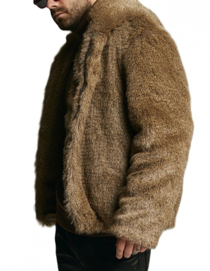Men's Gray Wolf Faux Fur Bomber with Oversized Hood - Short Furry Hooded Jacket Men's Gray Wolf Faux Fur Bomber with Oversized Hood - Short Furry Hooded Jacket
