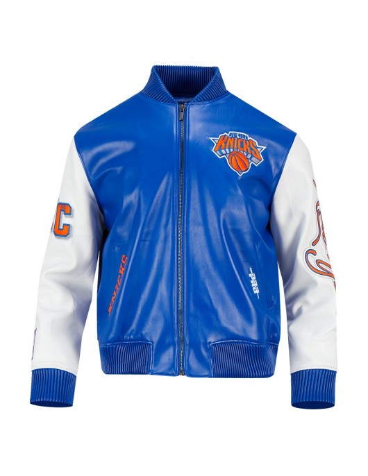 Men's New York Knicks "City Signature" Royal Blue & White Leather Varsity Jacket
