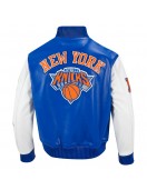 Men's New York Knicks "City Signature" Royal Blue & White Leather Varsity Jacket