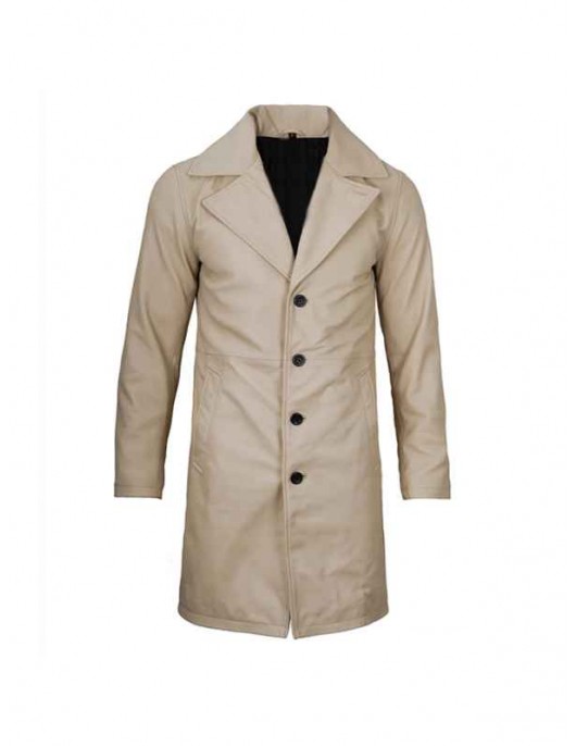 Men’s Beige Real Leather Coat – Notch Lapel