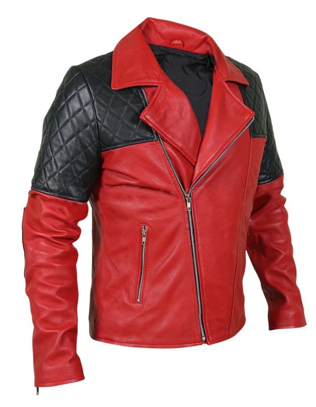 Men’s Black Diamond Quilted Shoulders Red Leather Jacket Men’s Black Diamond Quilted Shoulders Red Leather Jacket