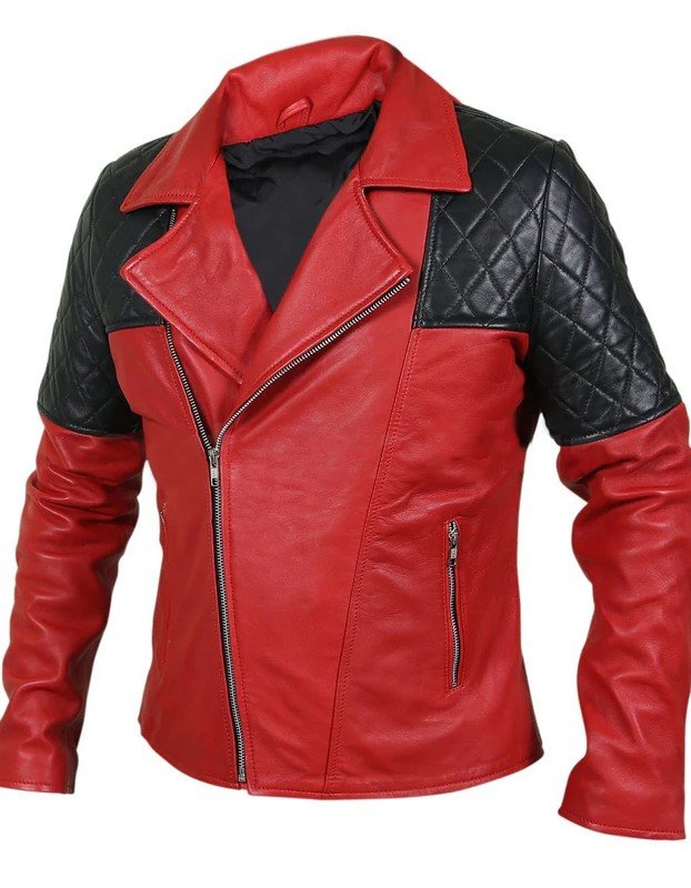 Men’s Black Diamond Quilted Shoulders Red Leather Jacket Men’s Black Diamond Quilted Shoulders Red Leather Jacket