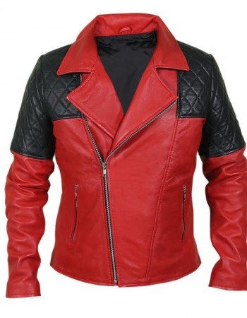 Men’s Black Diamond Quilted Shoulders Red Leather Jacket