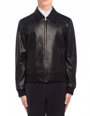 Men’s Black Elasticated Bomber Leather Jacket