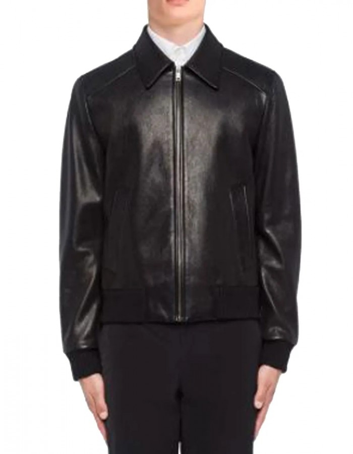 Men’s Black Elasticated Bomber Leather Jacket